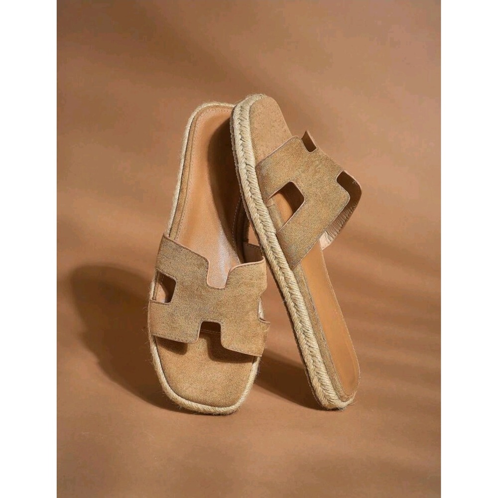 Womens Espadrille Style Sandals Beige Slides Slip Ons Summer Shoes size 8‎ us